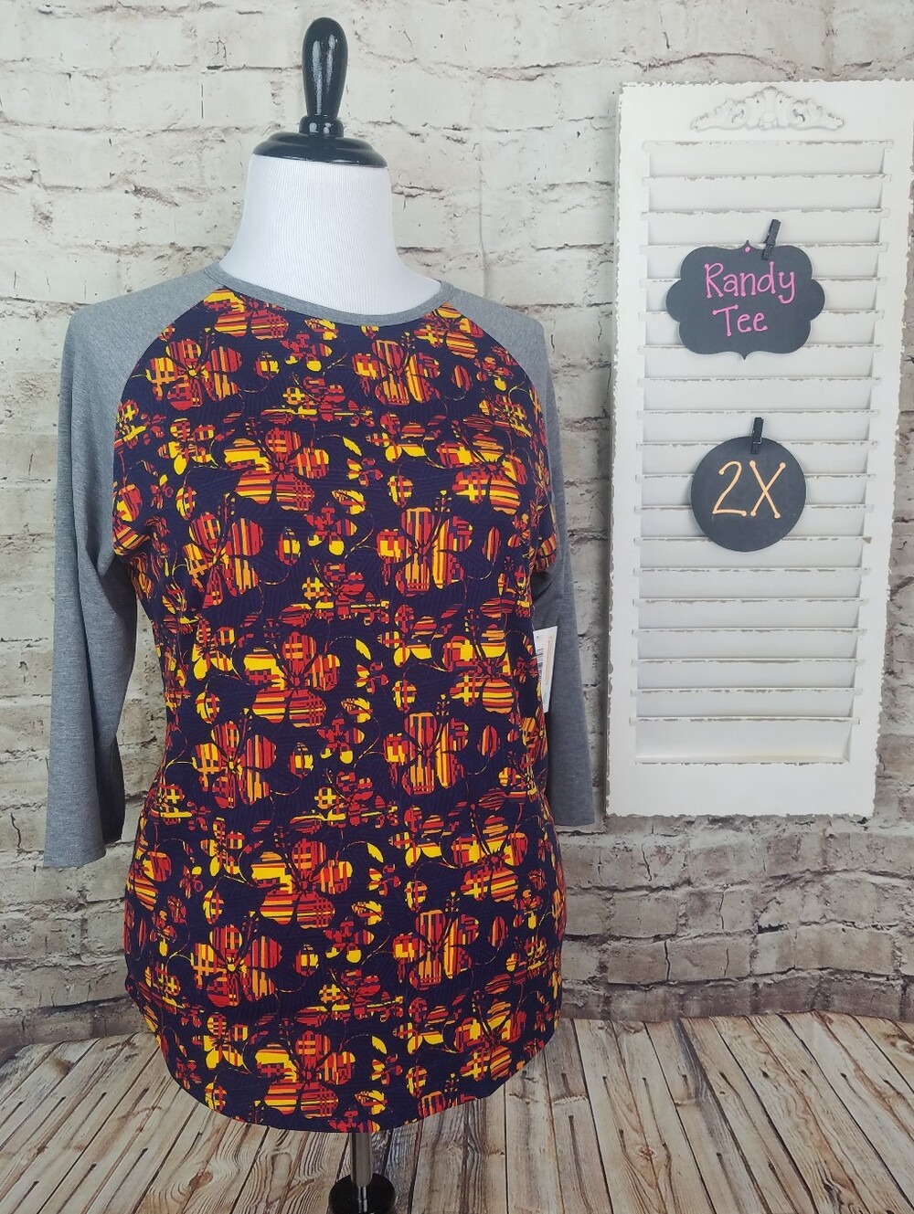Women's Plus Navy Floral Raglan Tee with Gray Sleeves
